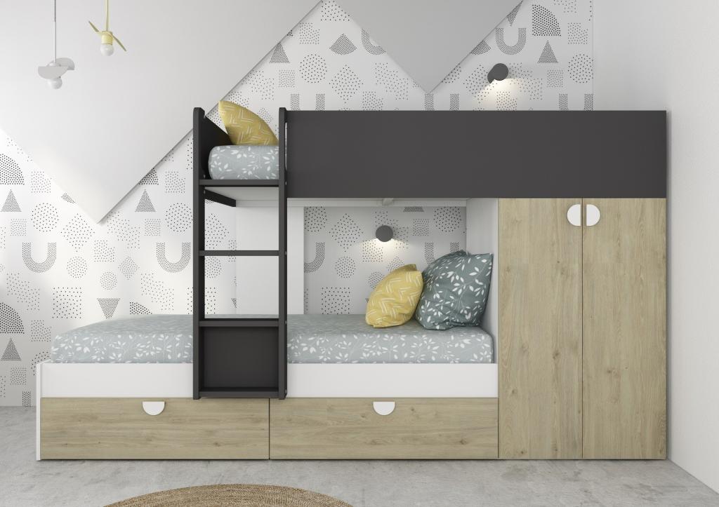 Cameretta con letto a castello con cassettoni e armadio reversibile colore rovere e antracite