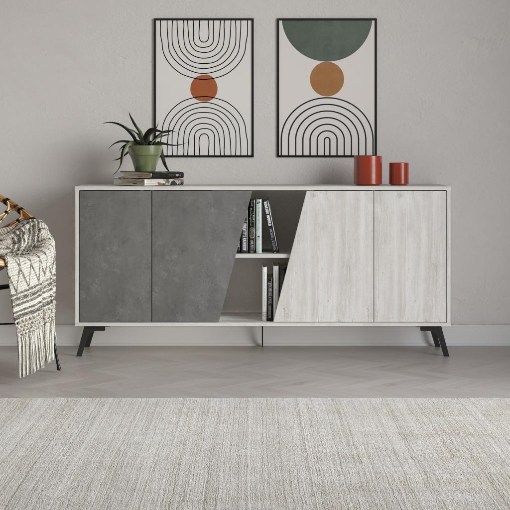 Madia Fiona 180 cm. con 2 ante bianco vintage e due ante retro grey