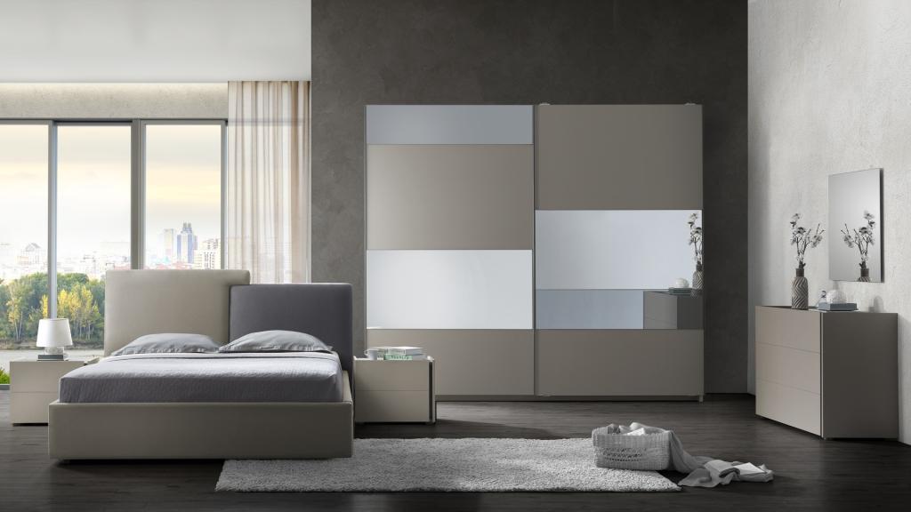 Camera da letto Liana colore canapa con letto contenitore e testiera grigio tortora