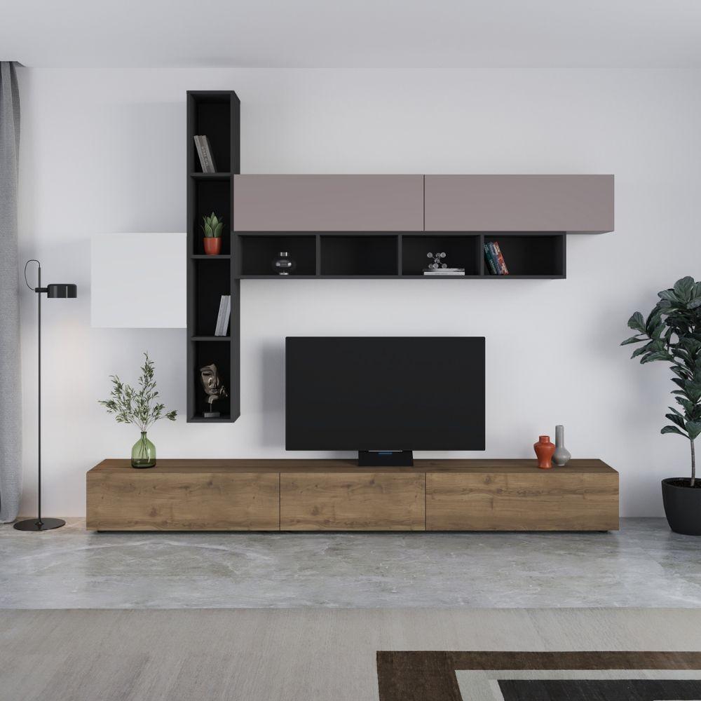 Parete attrezzata Fashion base colore hitit noce e pensili antracite, bianco e tortora  H 205x40x275 cm.