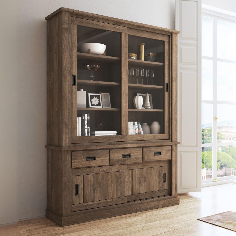 Vetrina Anthony III con 2 ante vetro e 3 cassetti colore noce eastwood stile shabby