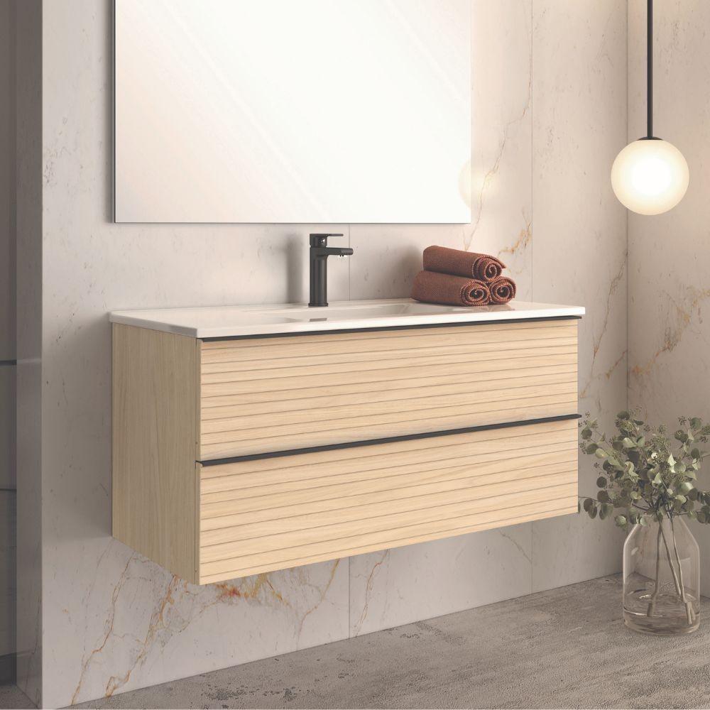 Mobile bagno sospeso Senda con 2 cassettoni colore rovere chiaro effetto cannettato e maniglie nere 100x45.5x48 cm.