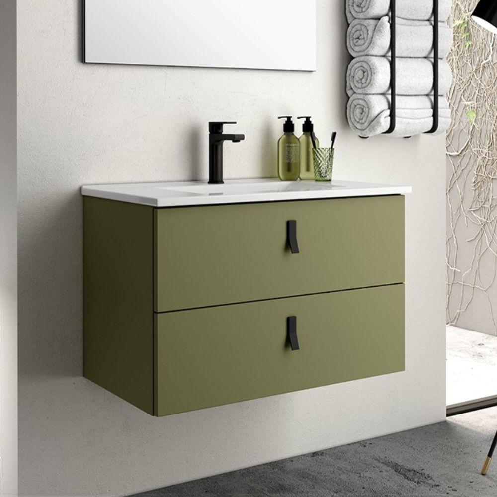 Mobile bagno sospeso Invicta con due cassetti colore verde oliva e maniglie nere 60x45x48 cm.