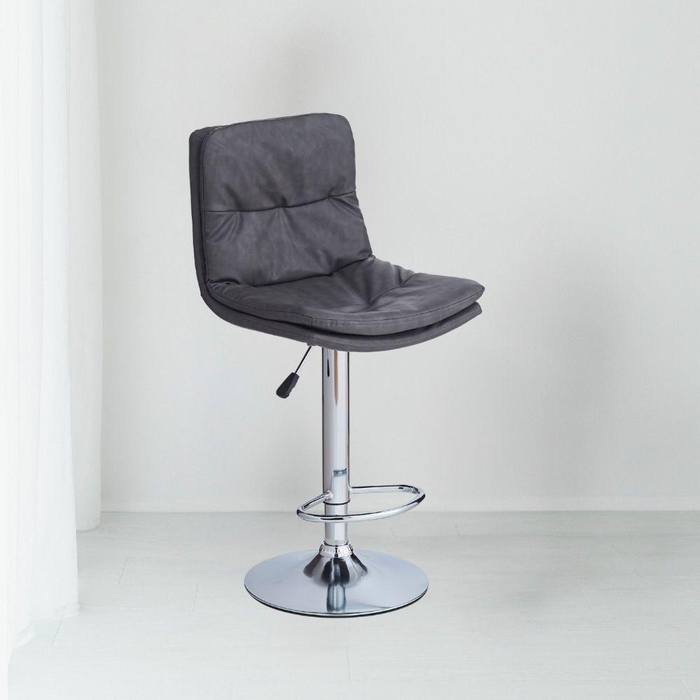 Sgabello Paco con seduta in ecopelle grigio e gamba in metallo inox