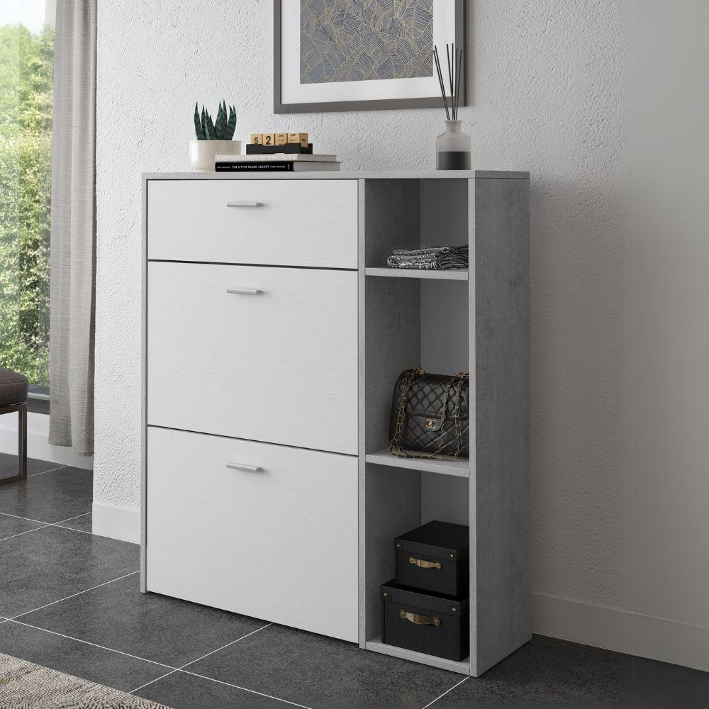 Scarpiera Takimi con 2 ante a ribalta 1 cassetto colore cemento e bianco