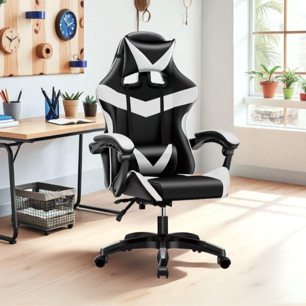 Sedia da ufficio Gaming con schienale alto e imbottitura in PVC colore nero con dettagli bianco
