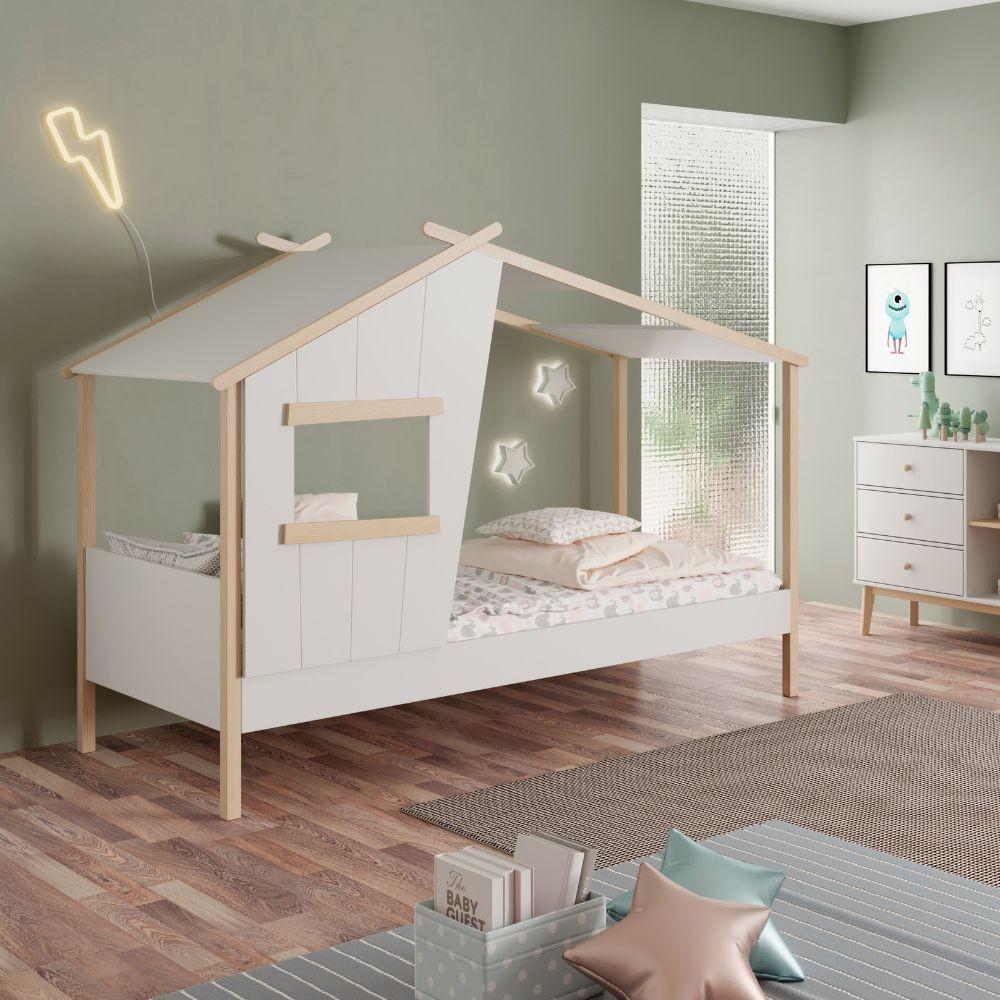 Letto a casetta Luba singolo in legno massiccio colore bianco