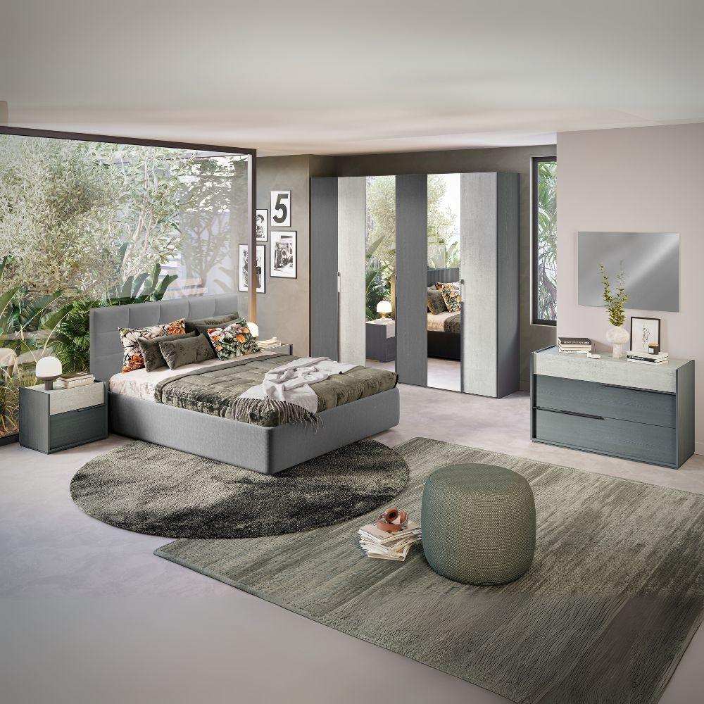 Camera da letto Faba in grigio e cemento con armadio 6 ante battenti a specchio e letto contenitore Ascoli grigio