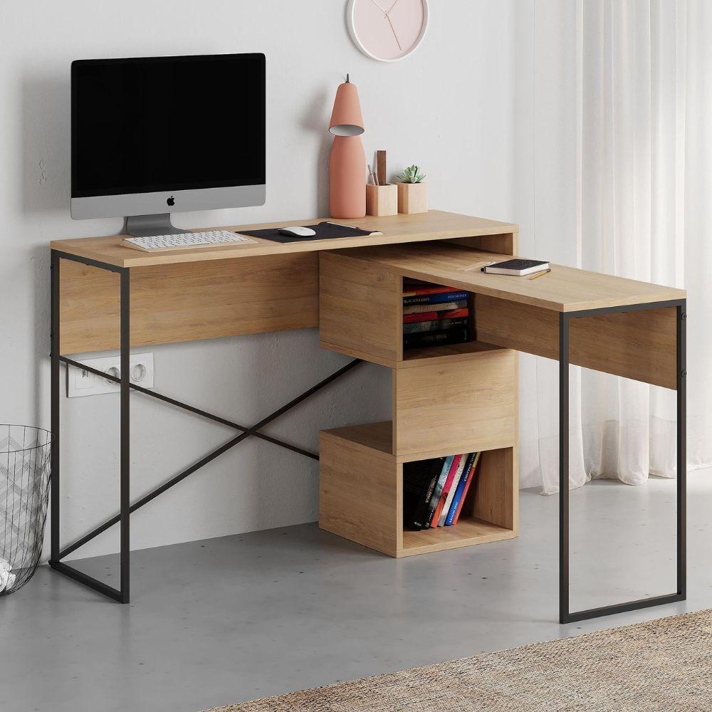Scrivania espandibile Badau colore rovere e gambe in metallo nere 110x37.2x77 cm.