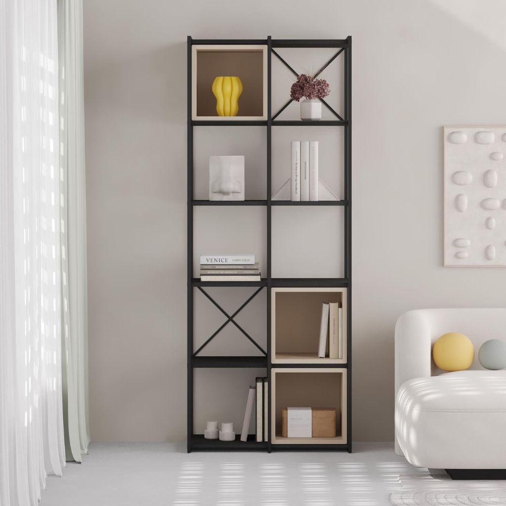 Libreria Vale midi con struttura in metallo nero e cubotti cashmere