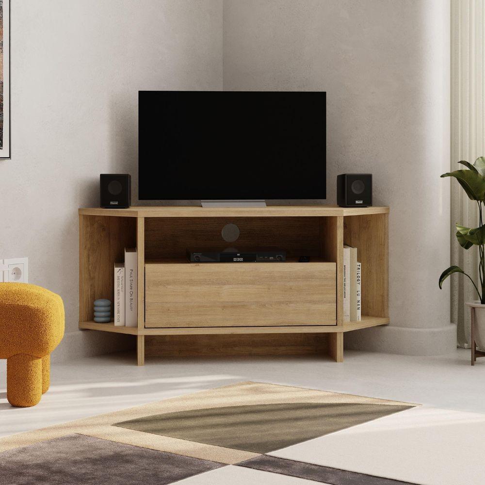 Porta tv angolare Viva con nicchie a giorno in colore rovere