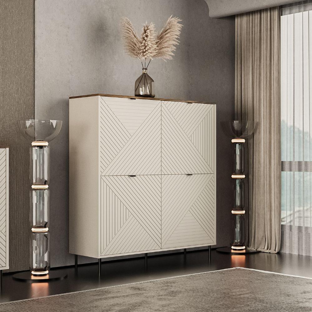 Credenza Mirage02 con 4 ante con motivo geometrico cashmere e top rovere
