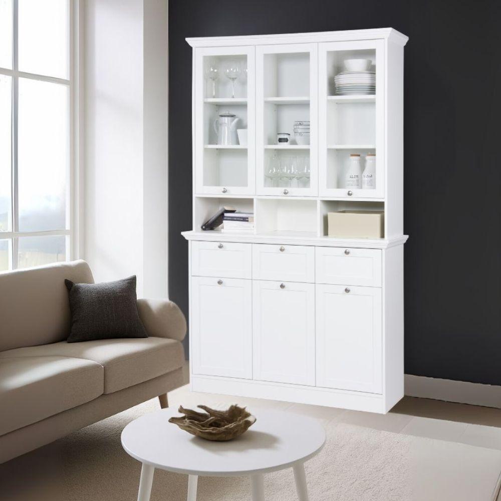 Credenza con vetrina Landwood50 3 ante vetro superiori 3 ante inferiori vani a giorno e 3 cassetti in bianco
