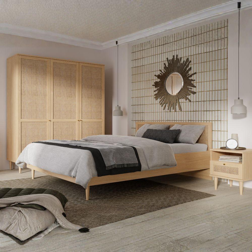 Letto matrimoniale Livia con dettaglio testiera in rattan colore rovere