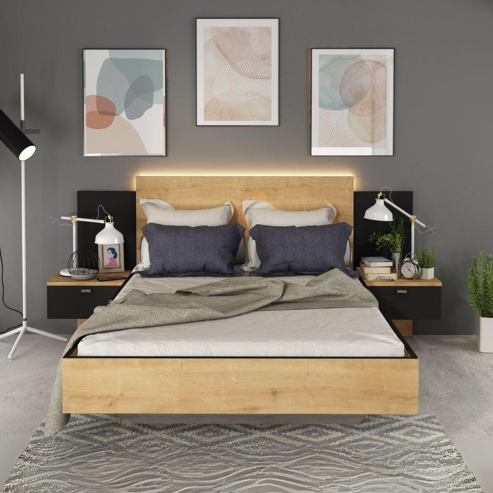Struttura letto alla francese 1517 con comodini integrati colore rovere e nero