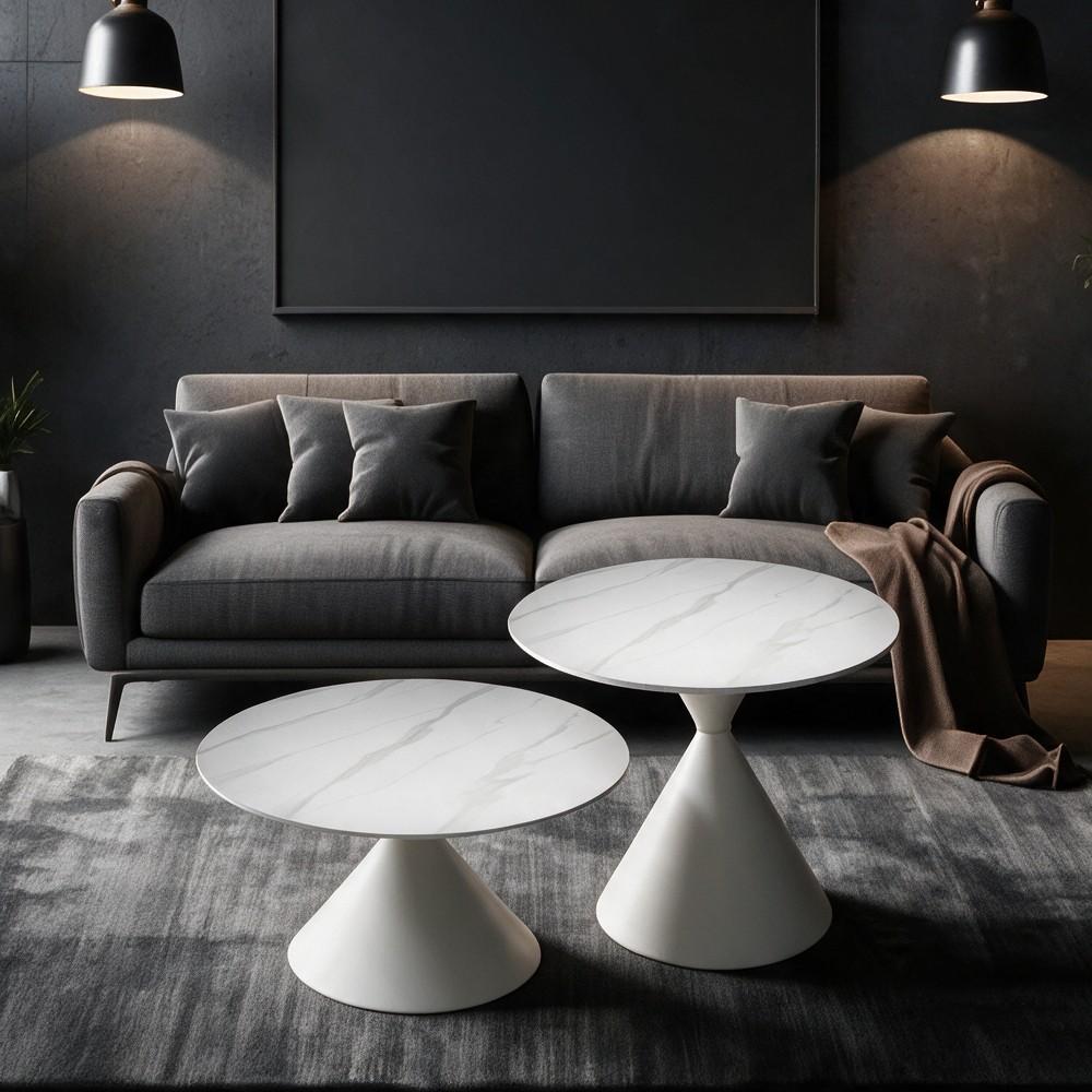 Set 2 tavolini da salotto basso Punto con piano effetto marmo bianco e gambe in metallo bianco