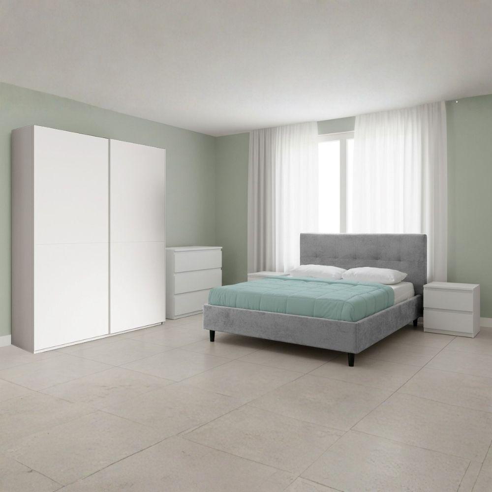 Camera da letto Rango con armadio 2 ante bianco opaco e letto Snello grigio chiaro