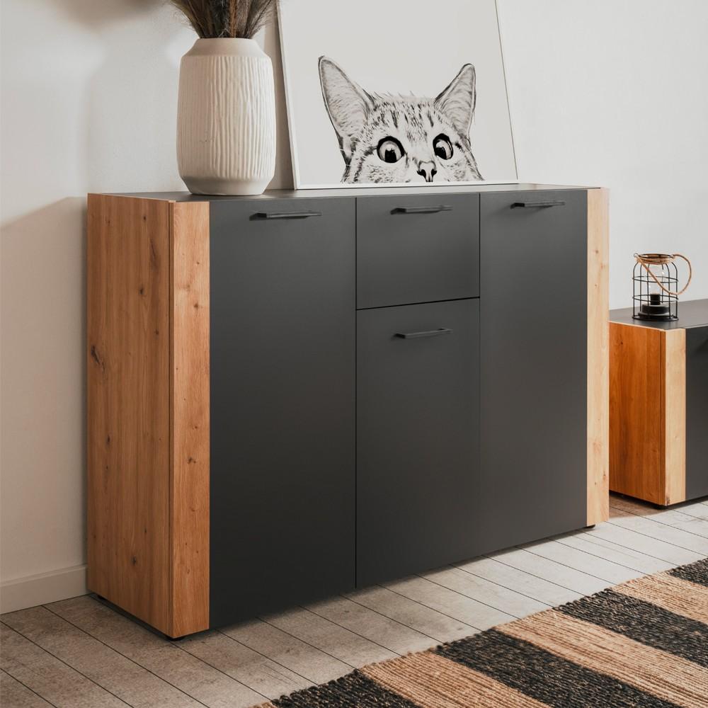 Madia Cento 01B con 3 ante e 1 cassetto colore antracite e laterali legno rovere artisan