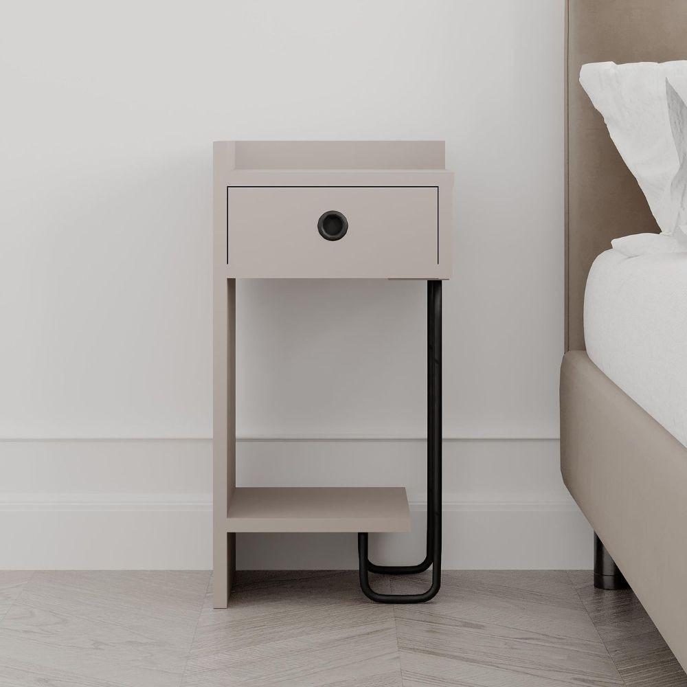 Comodino Sirius con cassetto colore tortora e gamba in metallo nero sinistro