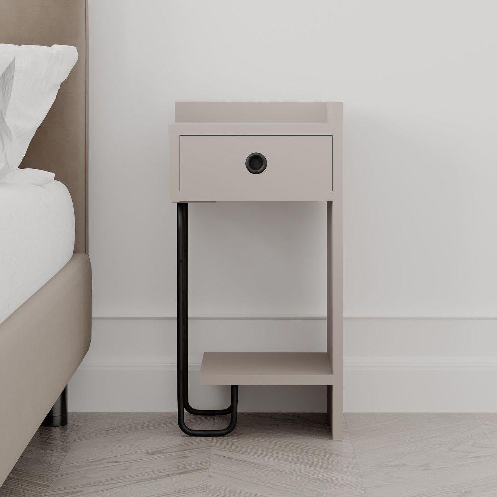 Comodino Sirius con cassetto tortora e gamba in metallo nero destro