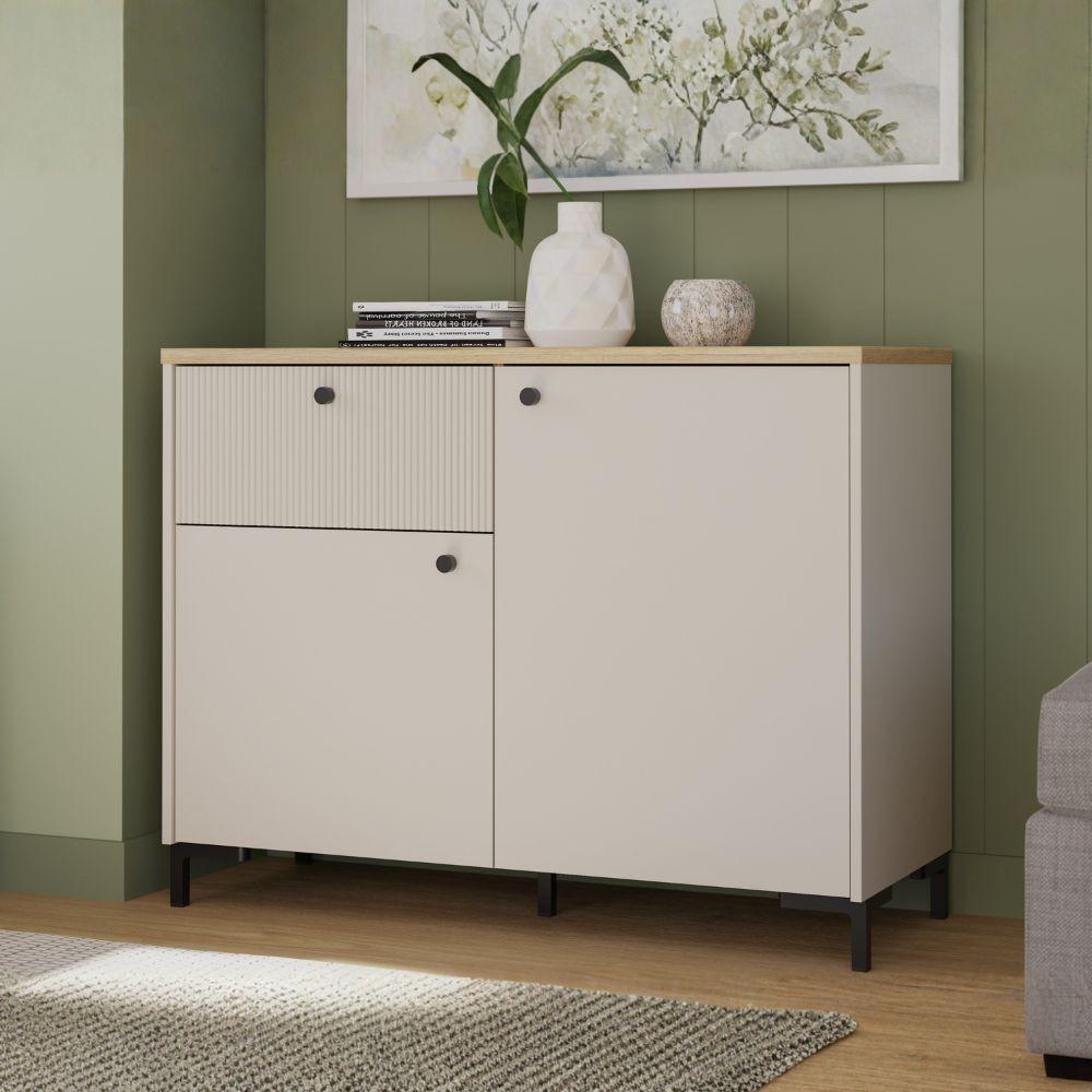 Madia Unit 2 ante e 1 cassetto cannettato L 103.1 x P 41.9 x H 79 cm. colore cashmere con top rovere