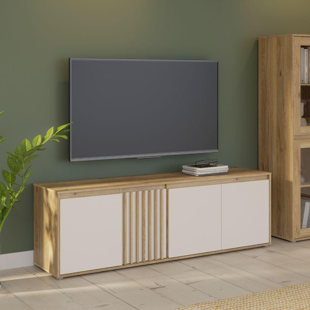 Porta tv Neutra 4 ante con dettaglio cannettato in rovere e cashmere