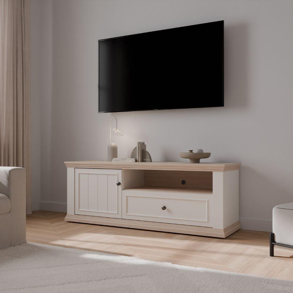 Porta tv Essenza 150 con 1 anta 1 cassetto e nicchia a giorno in colore bianco e dettagli rovere