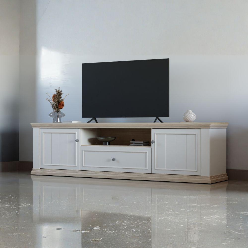 Porta tv Essenza 200 con 2 ante 1 cassetto e nicchia a giorno in colore bianco e dettagli rovere