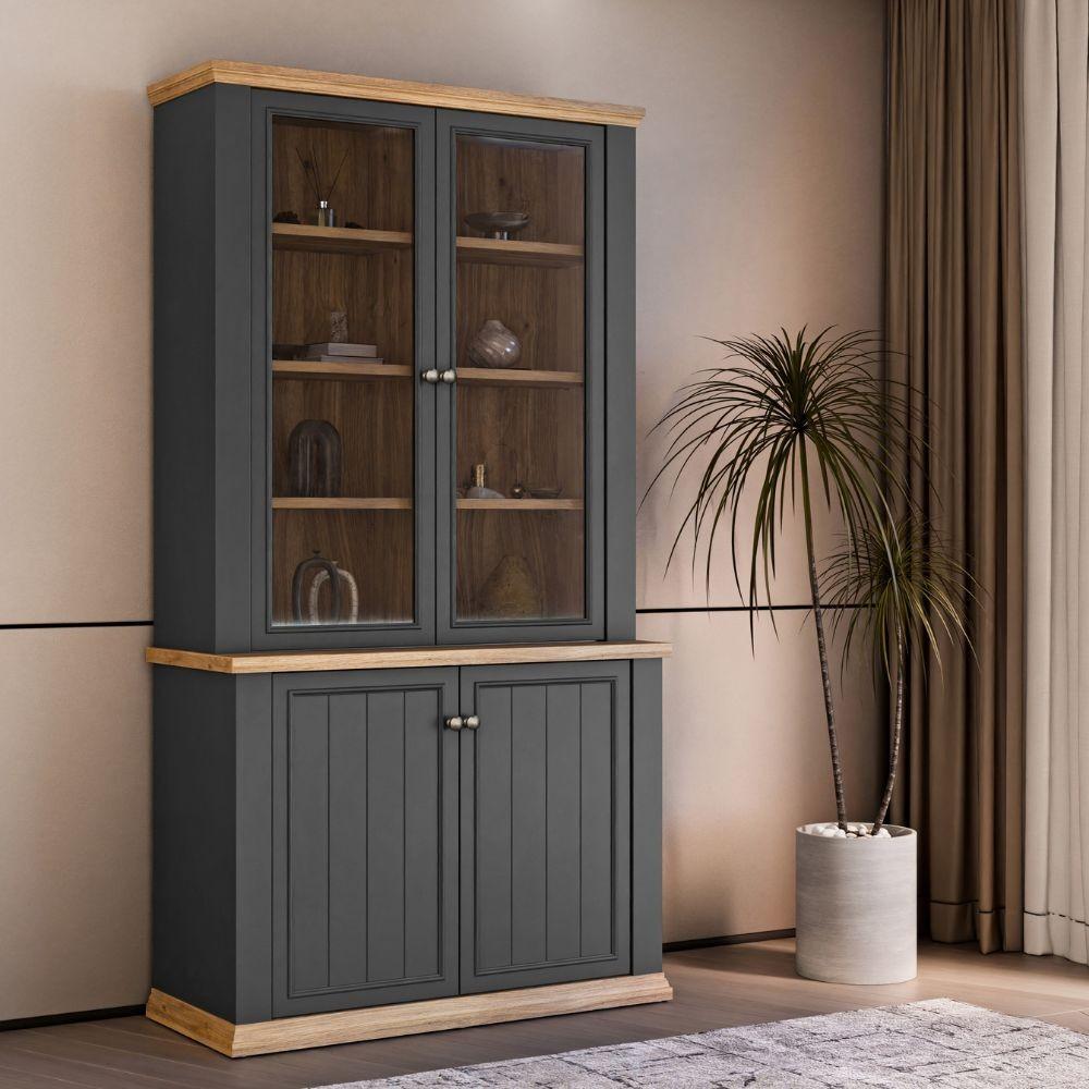 Vetrina Essenza con 2 ante a vetro e 2 ante in stile classico colore grigio scuro e rovere