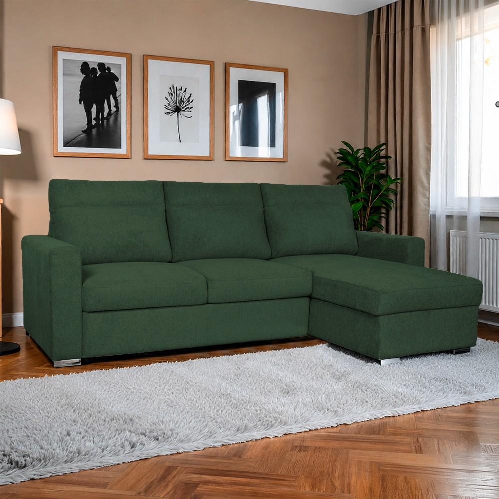 Divano con penisola Elba con letto estraibile e penisola contenitore reversibile in tessuto Neve 39 verde muschio