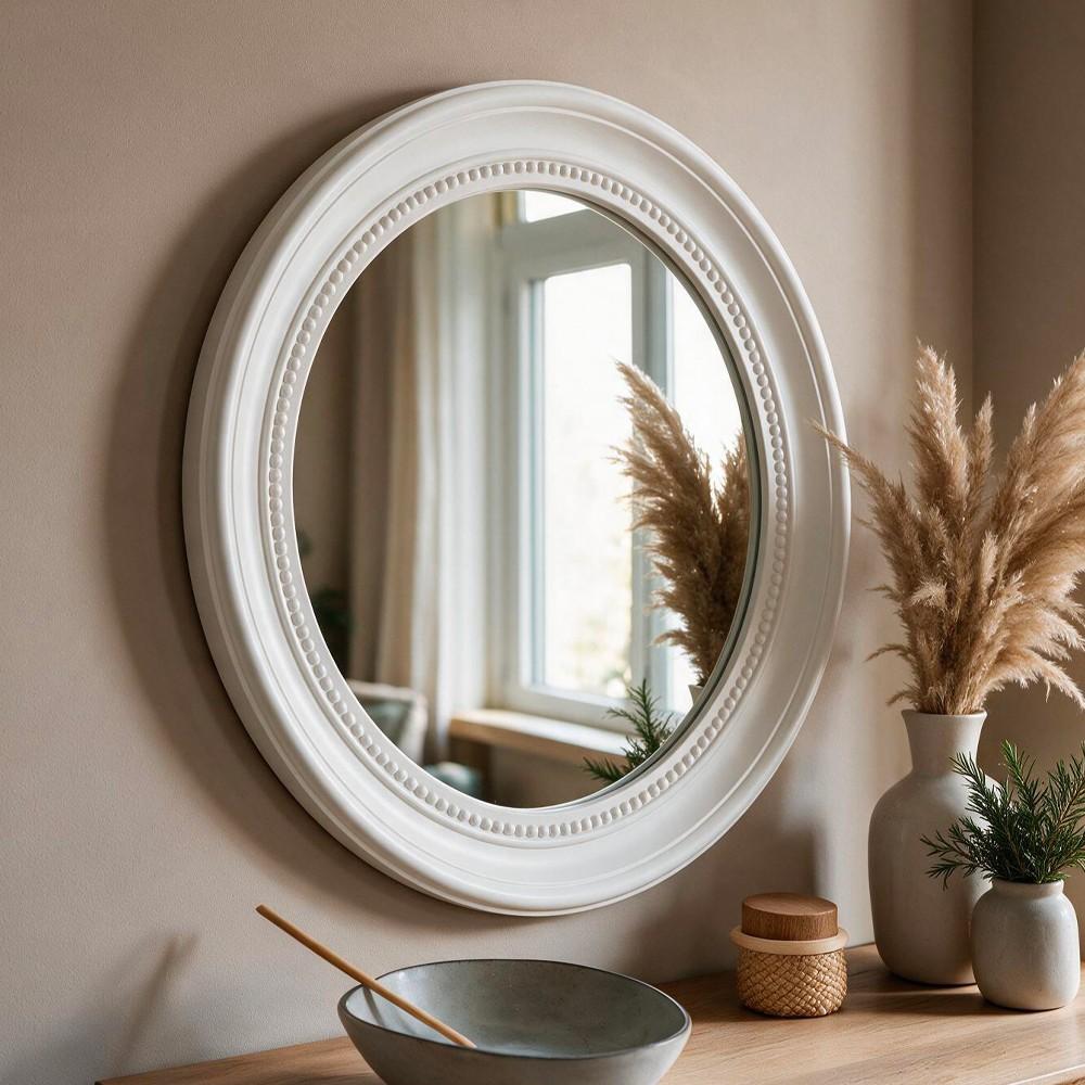 Specchio decorativo da parete MR512 rotondo con cornice con bordo interno perlinato bianco