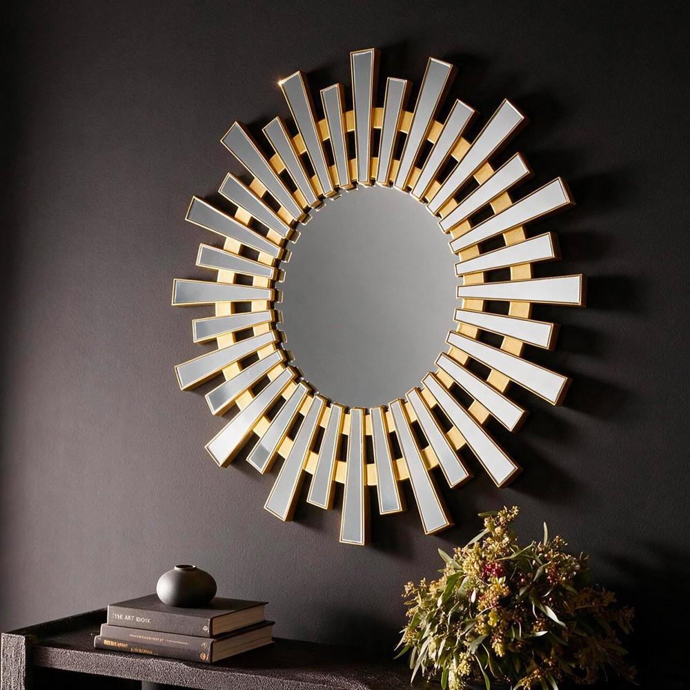 Specchio decorativo da parete MRTDYY20217GOLD rotondo con cornice a raggiera con elementi in oro e vetro specchiato
