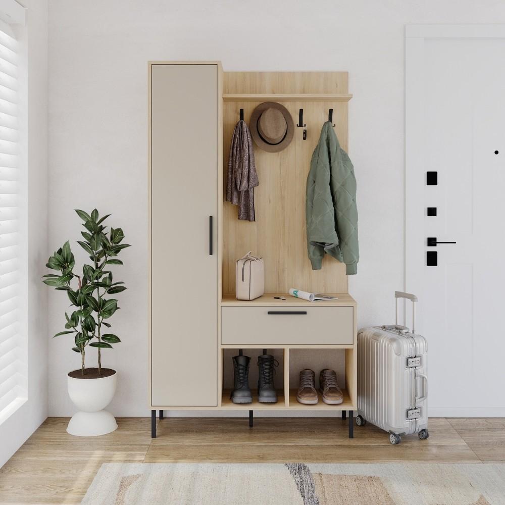 Mobile ingresso Acton con 4 ganci appendi abiti 1 cassetto 1 ante e 2 vani a giorni colore rovere e cashmere