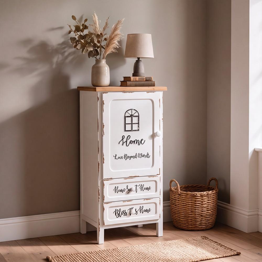 Mobile multiuso Breslavia con  1 anta e 2 cassetti H 100 cm. in stile shabby colore bianco e piano rovere