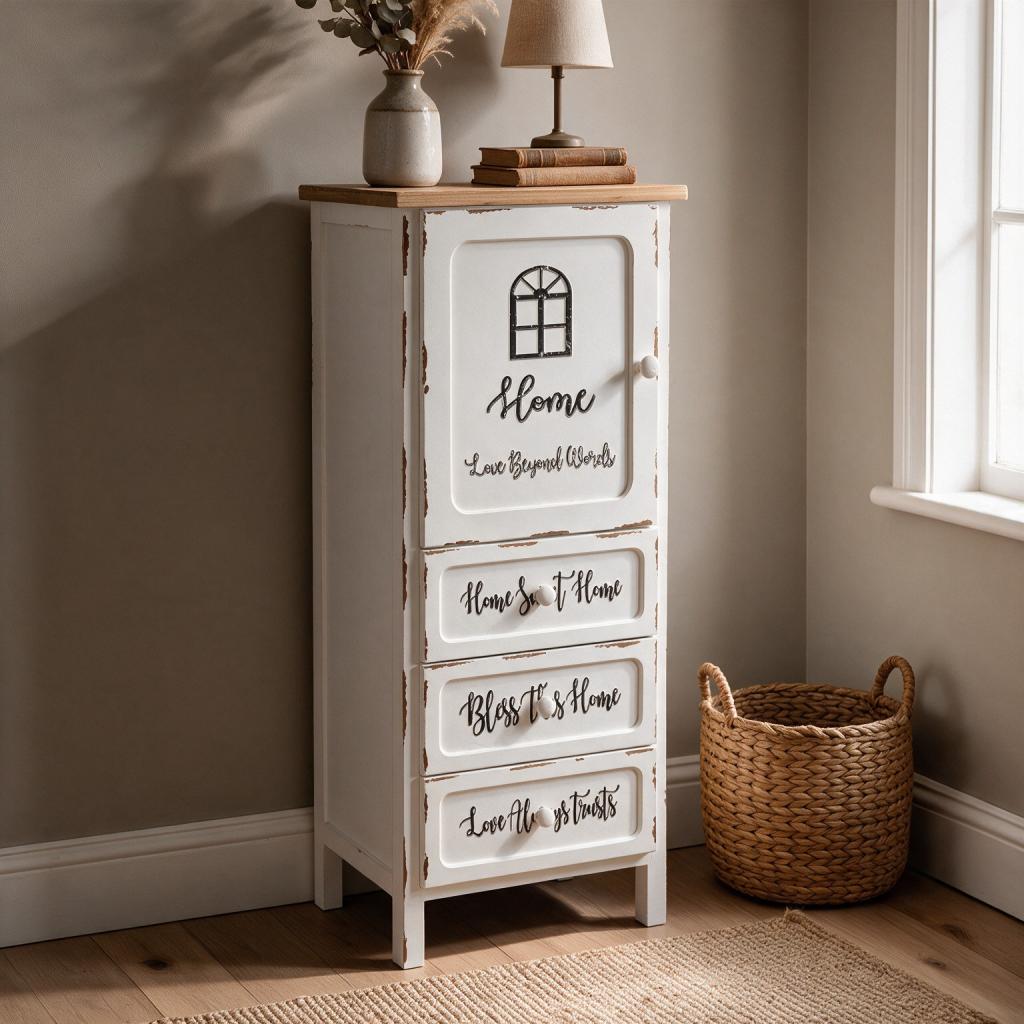 Mobile multiuso Breslavia con  1 anta e 3 cassetti in stile shabby colore bianco e piano rovere