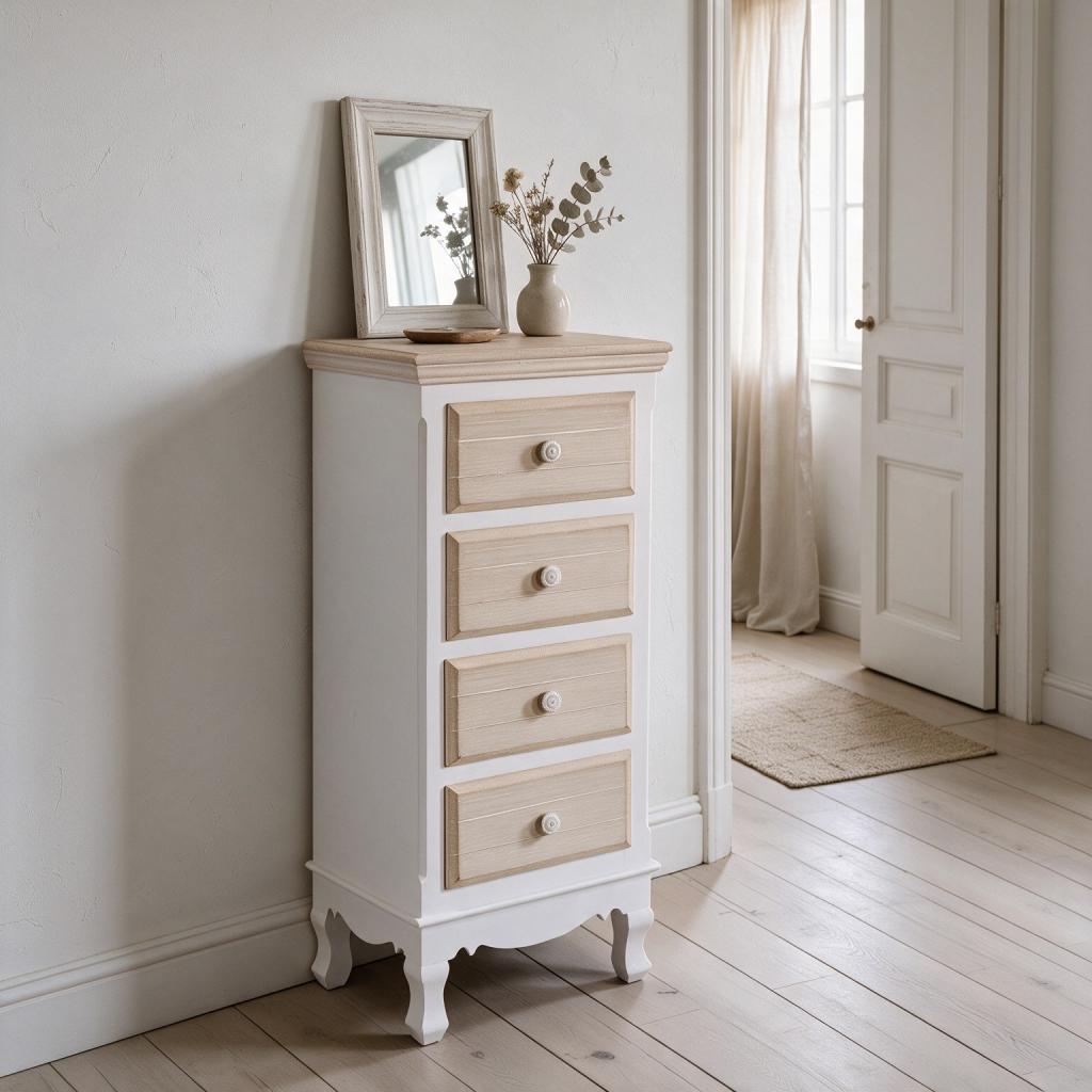 Cassettiera Norimberga bianca con 4 cassetti grandi effetto shabby