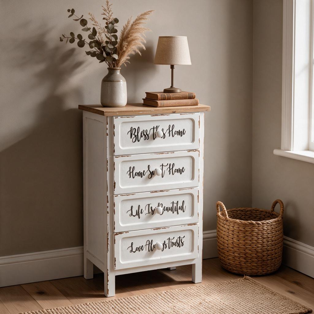 Mobile multiuso Breslavia con 4 cassetti in stile shabby colore bianco e piano rovere