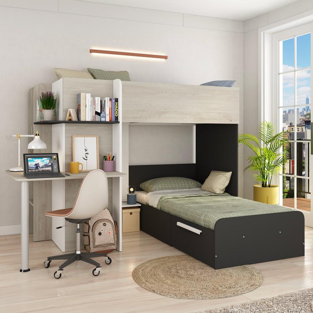 Letto a castello 6885 con scrivania reversibile bianco vintage antracite