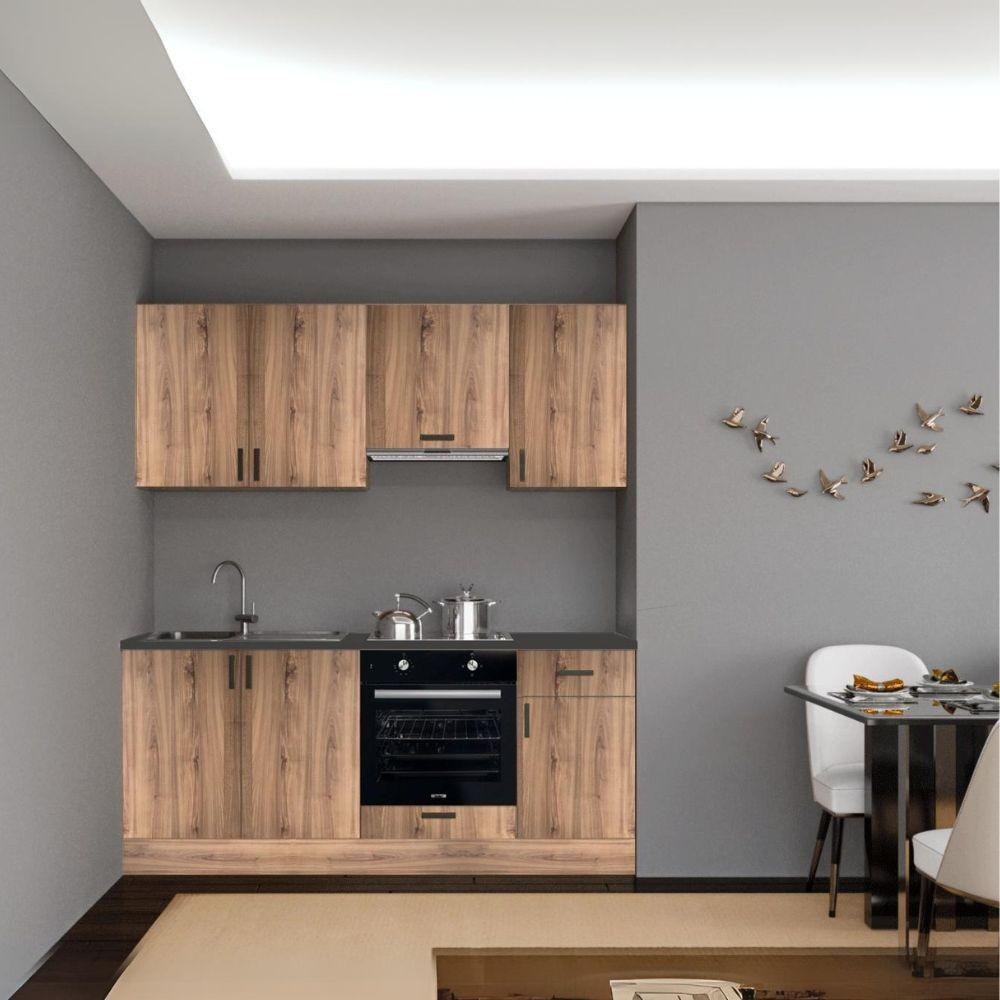 Cucina Taurus 195 cm. elettrodomestici inclusi colore rovere nodato con maniglie in metallo nero