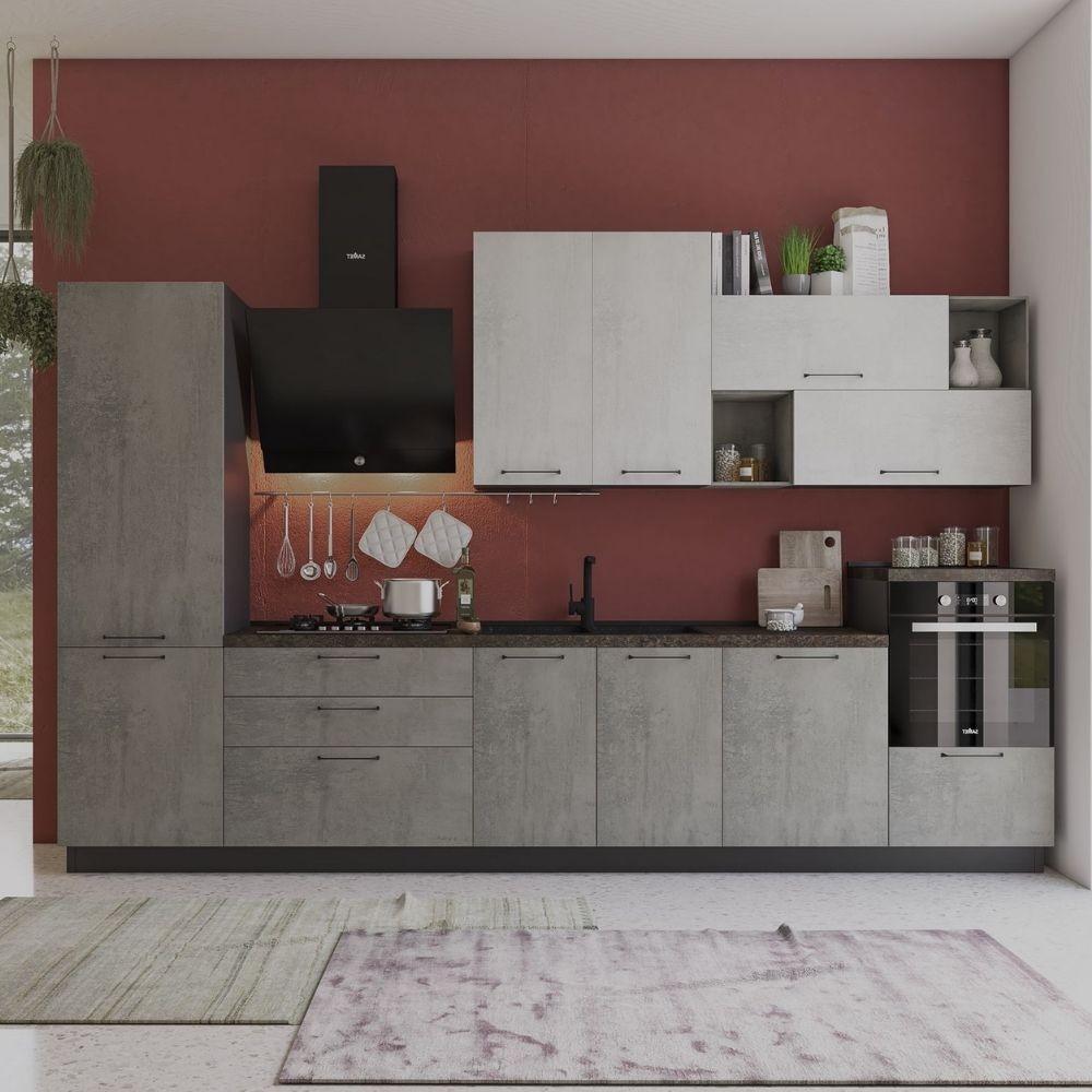 Cucina Pola mira 360 cm antracite cemento fumo top ceramica sinistra con lavastoviglie